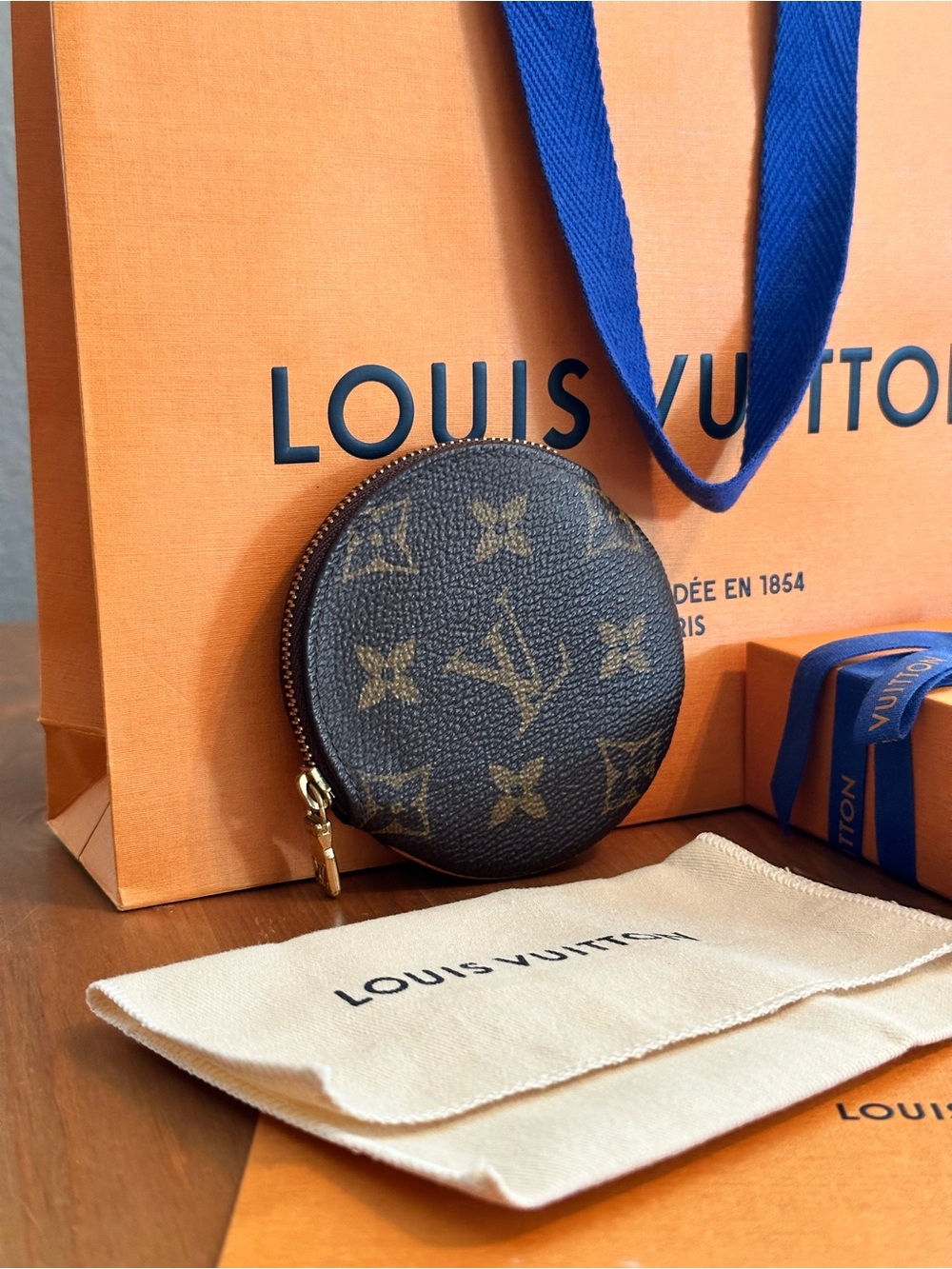 Louis Vuitton Brown Monogram Round Coin Pouch with Gold Zip